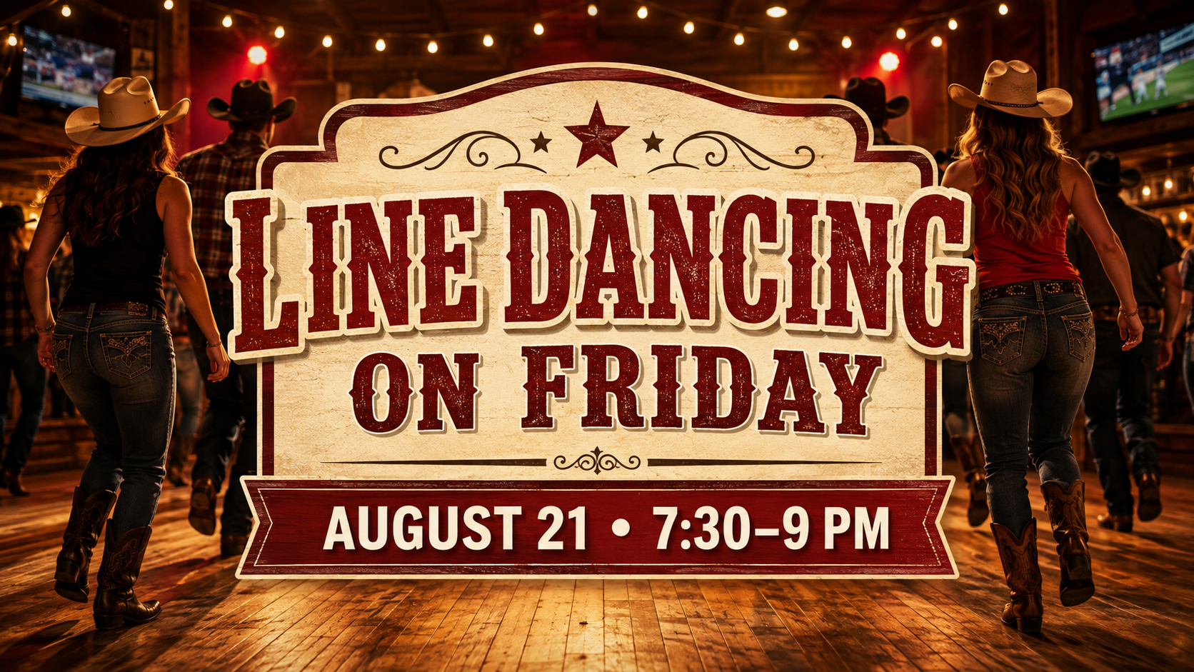 Line dancing at 12 North Sports Bar on August 21 from 7:30 to 9 PM